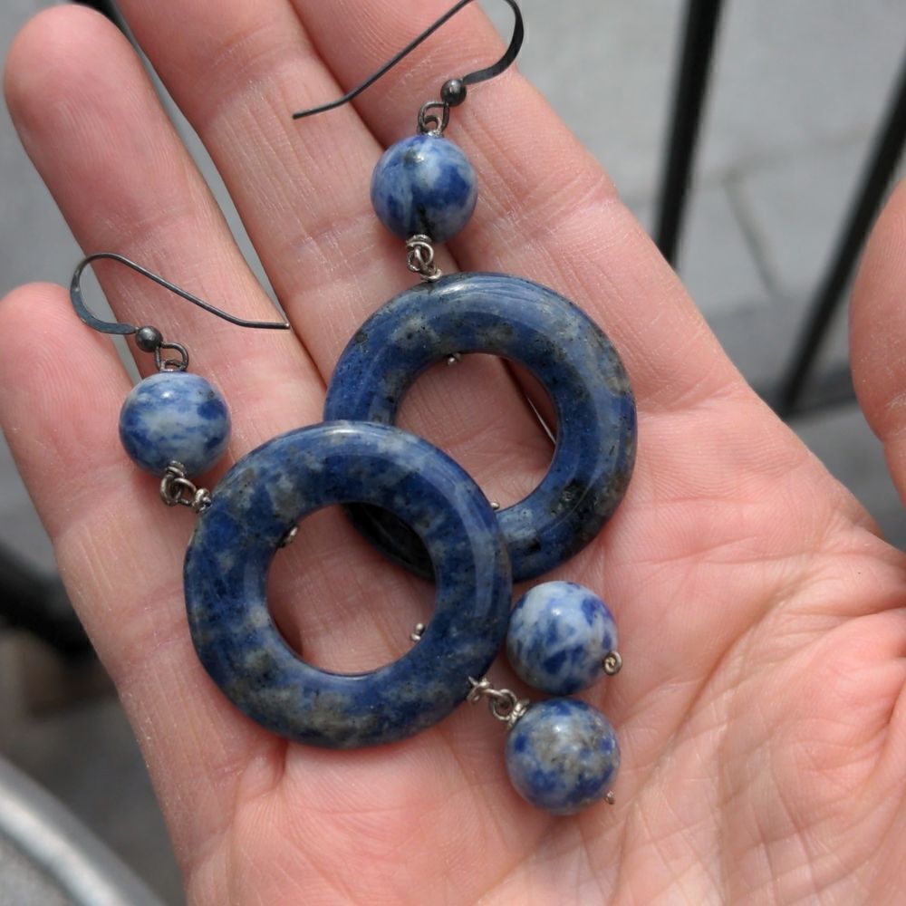 Handcrafted Dangling Blue Sodalite Stone Earrings - Picture 5 of 6